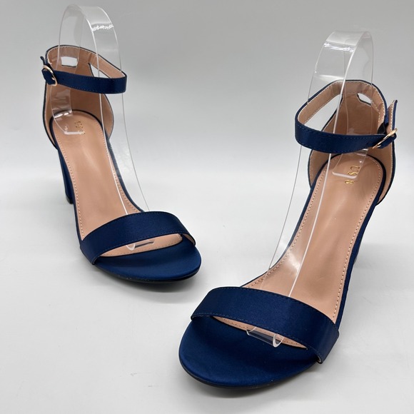 Allegra K Sandals Womens 8 Blue Satin Block Heel Open Toe Adjustable Ankle Strap - Picture 1 of 10